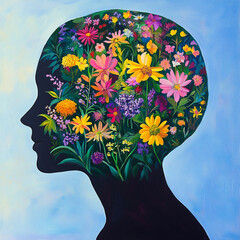 Inner Garden, Within the silhouette of a person's head, a lush garden flourishes with vibrant flowers and greenery. 1:1 ratio