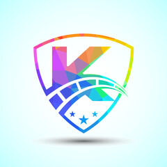 Low poly alphabet K with speedometer and shield sign. The automotive logo design concept