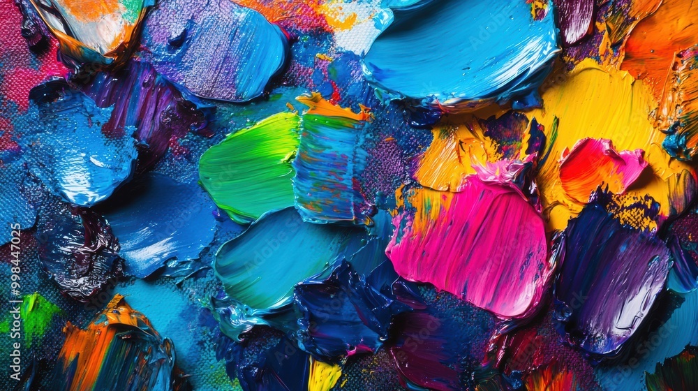 Poster bright splashes of paint decorate the canvas, while paintbrushes lie ready, showcasing the energy of