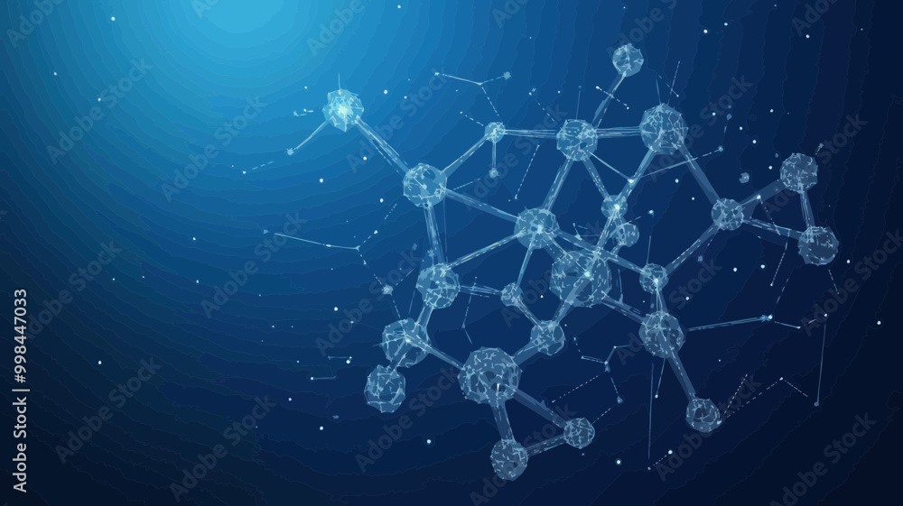 Poster abstract low poly wireframe molecular structure with connected dots on blue background - science and