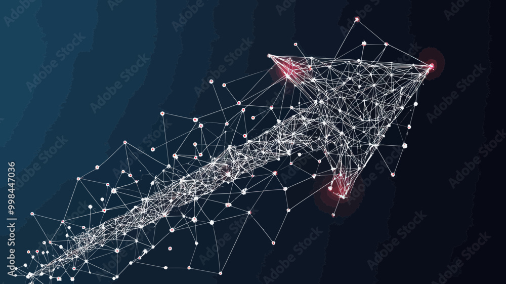 Poster futuristic polygonal arrow with wireframe network and connecting dots: low poly business growth conc