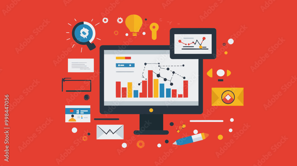 Poster modern seo optimization concept with data analytics and digital marketing icons on red background