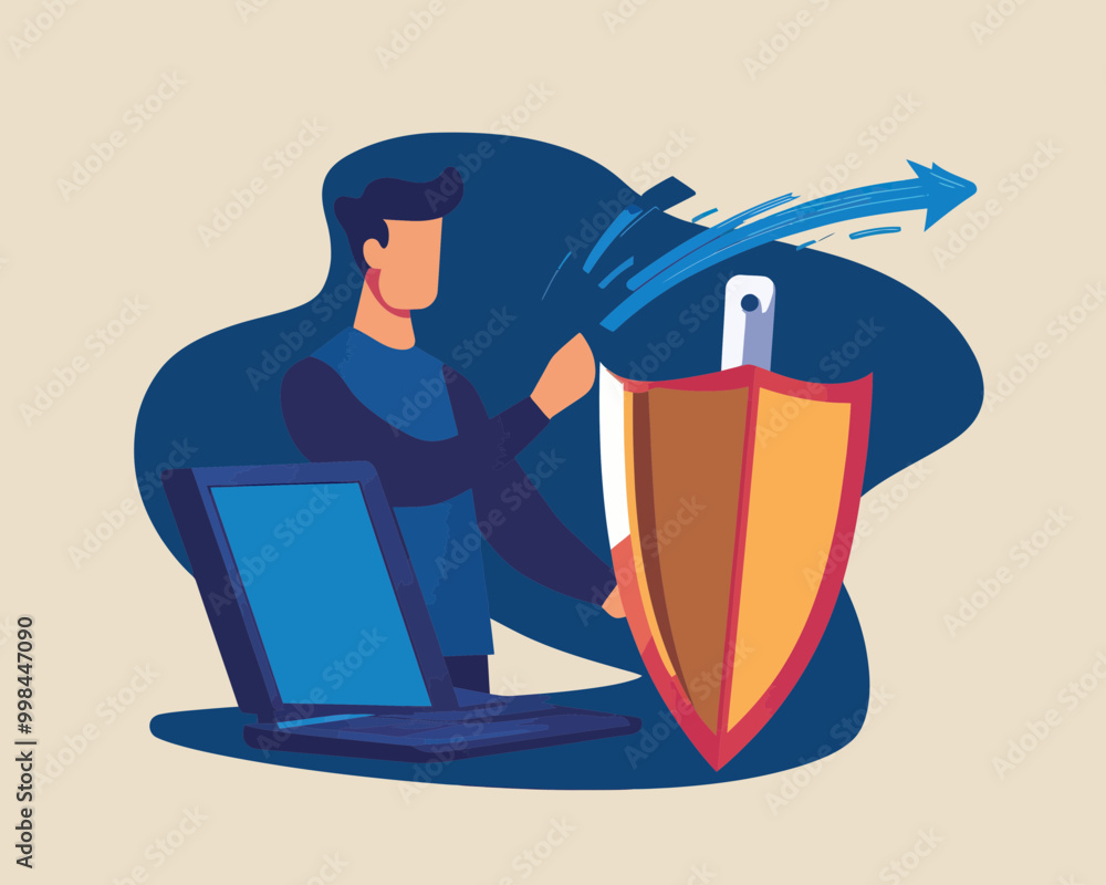 Poster cyber security shield protection for safe computer network, man with shield guards against digital t