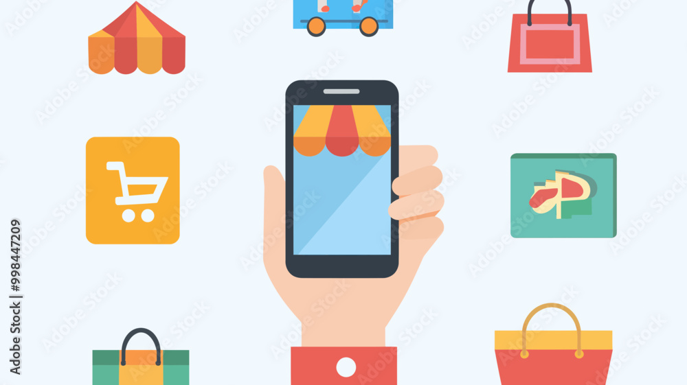 Poster mobile shopping concept vector with on-the-go purchase icons and store elements for e-commerce and o