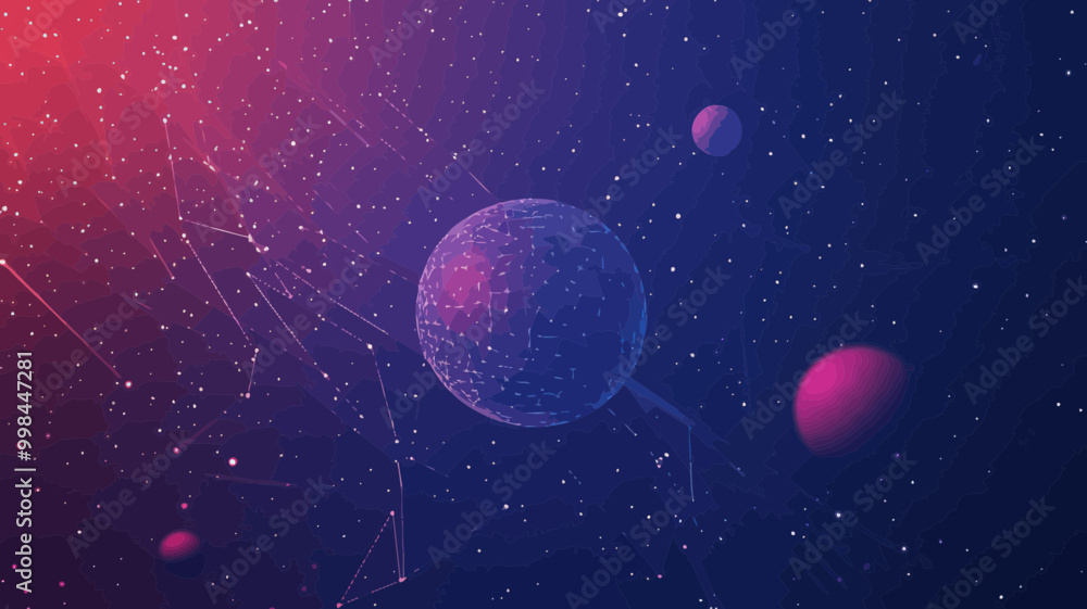 Poster abstract starry sky pin with wireframe planets and stars in minimalist vector style illustrating spa
