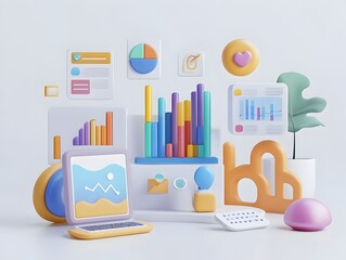 Creative Social Media Campaign with Laptops Colorful Icons Analytics Graphs and Infographics on a Minimalist White Background