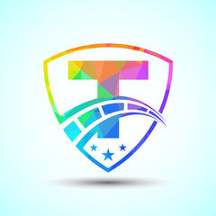 Low poly alphabet T with speedometer and shield sign. The automotive logo design concept