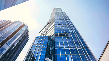 Obraz premium Blue glass skyscraper against clear sky, impressive modern architecture, symbol of business development