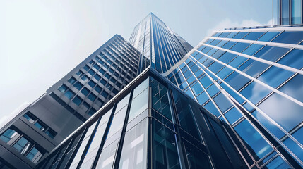 Blue glass skyscraper against clear sky, impressive modern architecture, symbol of business development