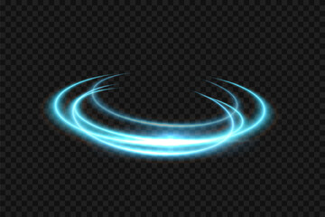 Blue light neon glow swirl background. Blue light glowing circle line of neon effect. Shiny spiral spin ring with flare and flash. Vector illustration of glitter sparkle swirl trail effect on black.