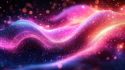 Obraz premium An abstract futuristic background featuring high-speed pink and blue glowing wave lines, with bokeh lights for a data transfer concept.