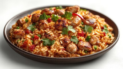 A vibrant chicken and rice dish, richly seasoned and colorful, topped with fresh herbs