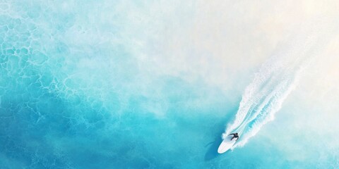top view of a surfer riding on blue ocean with white wave