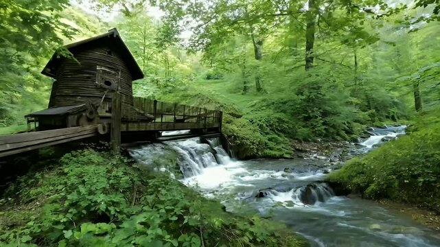 rustic old wooden watermill standing lush forest flowing stream creating peaceful nostalgic scene 4K emphasizes harmony nature evokes feelings tory greenery historical heritage rural