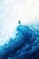 top view of a surfer riding on blue ocean with white wave