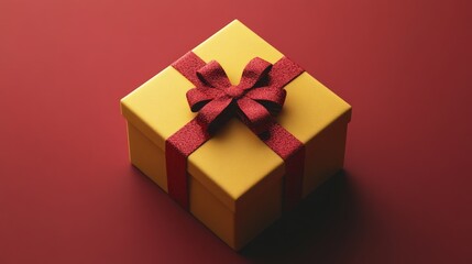 Obraz premium A vibrant yellow box with a red bow sits invitingly against a rich red background