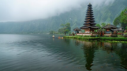 Obraz premium A traditional Balinese temple sits on the edge of a misty lake, surrounded by lush greenery. The temple's reflection is visible in the calm water.