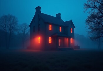 Digital Art: A Haunting Neon House Silhouetted Against a Misty Night Sky (數位藝術：一棟令人毛骨悚然的霓虹屋在霧氣夜空中剪影)
