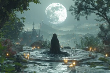 Wiccan Priestess in Circle A Wiccan priestess in ceremonial robes performing a ritual