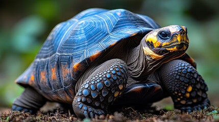 Obraz premium A vibrant tortoise crawls gracefully over rich, dark soil in a green environment