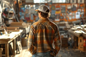 Obraz premium Woodworker in Workshop A carpenter or woodworker in their workshop,