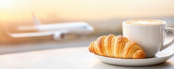 art of mug of coffee with croissant and airplane on background