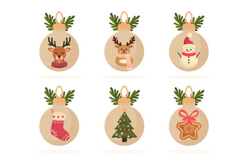 Сute Christmas toys set isolated on transparent background