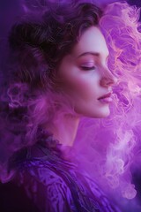 A dreamy, surreal portrait of a woman surrounded by flowing purple smoke, creating a mystical atmosphere.