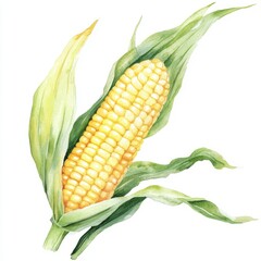 Watercolor illustration of an ear of corn with husks