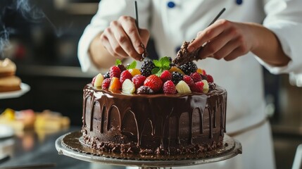 In the kitchen, a pastry chef is creating a cake with chocolate, fruit, and candy.Chocolate cake decoration, cooking classes, baking, and the concepts of food and people are all done by confectioners.