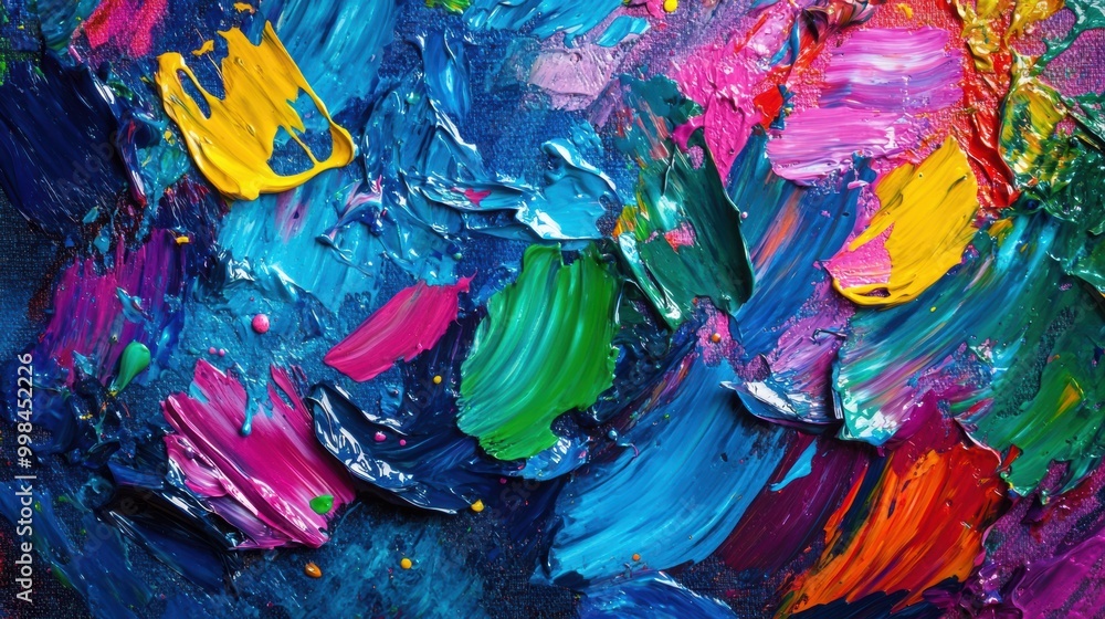 Poster a vibrant palette filled with bright splashes of color alongside paintbrushes on canvas showcases ab