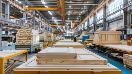 A large factory with many wooden pieces on the floor