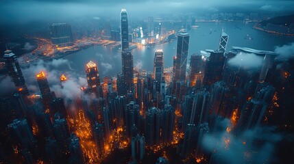 Fototapeta premium An aerial view of Hong Kong's financial district in a smart city abstract technology background, highlighting urban tech.