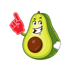 Cute Avocado Cartoon Mascot Character Holding Red Foam Finger.