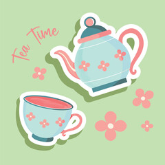 Tea cup and tea pot set vector illustration design in sticker style and children's book elements 