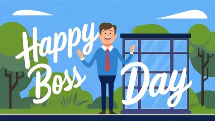 Happy boss day celebration with cheerful cartoon character and office building