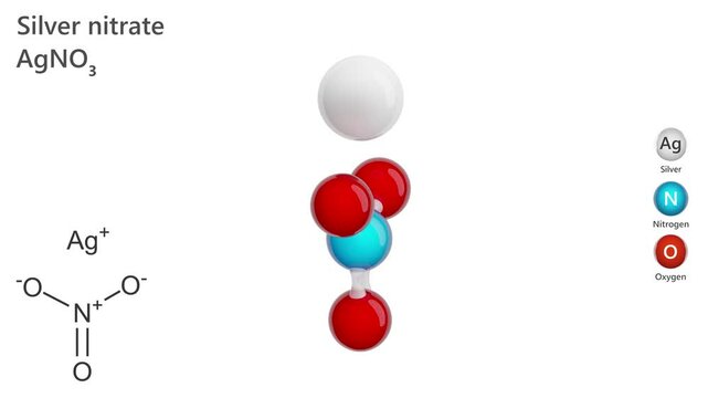 3d model of Silver nitrate (AgNO3) is an inorganic compound. It is used in making photographic films, and in laboratory setting as a staining agent in protein visualization. 3d render. White back