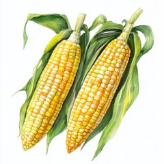 Two Ears of Corn with Husks, Watercolor Painting