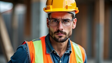 Portrait of a construction worker wearing a yellow hard hat and glasses, focused expression, symbolizing professionalism and safety on-site.