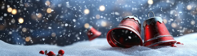 Red Christmas Bells in Snowy Background