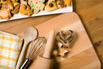 Baking utensils and christmas cookies