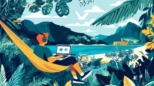 A digital nomad working remotely from a tropical beach, lounging in a hammock with a laptop. Surrounded by lush greenery and serene ocean views, representing freedom  worklife balance. AI generative.