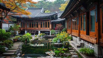 Fototapeta premium A traditional Korean courtyard with a pond, lush greenery, and wooden buildings.