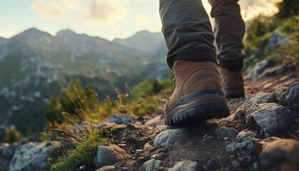 close-up of a hiker's rugged boots as they trek along a rocky mountain path. The scene showcases the adventure and challenge of hiking through nature, surrounded by breathtaking mountain views.