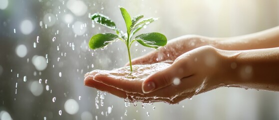 Close-up of hands gently holding a young plant under falling rain. The water droplets glisten on the vibrant green leaves, symbolizing care, growth, and environmental sustainability in nature.