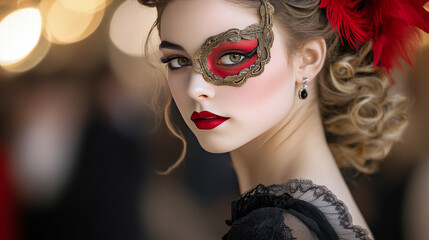 Obraz premium face of girl wear masquerade Mask and feather are walking in carnival festival