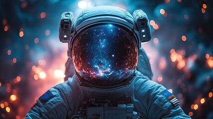 An astronaut gazes into the vast cosmos through a helmet visor, capturing the awe-inspiring relationship between space exploration and technology.