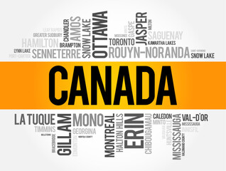 List of cities and towns in Canada, word cloud collage, business and travel concept background