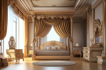 luxury classic royal bedroom with light brown elegant traditional royal wooden bed with canopy royal beds and elegant intricate carving frame and vintage mirror 