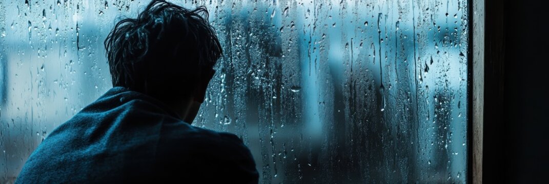 A solitary figure stares pensively out of a rain-streaked window, immersed in deep thought amidst a moody, melancholic atmosphere. Generative AI